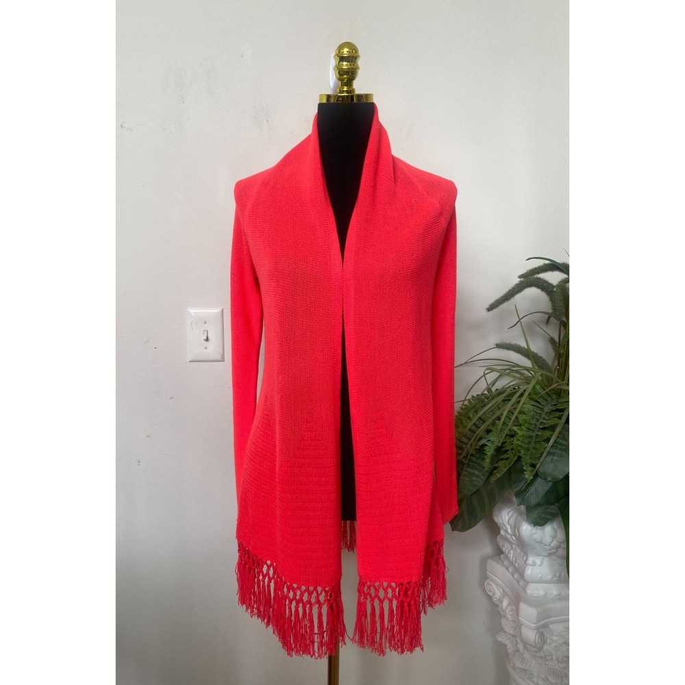 Lilly Pulitzer Tatum Cardigan Spicy Coral Fringe Hem Long Open Sweater Size XS